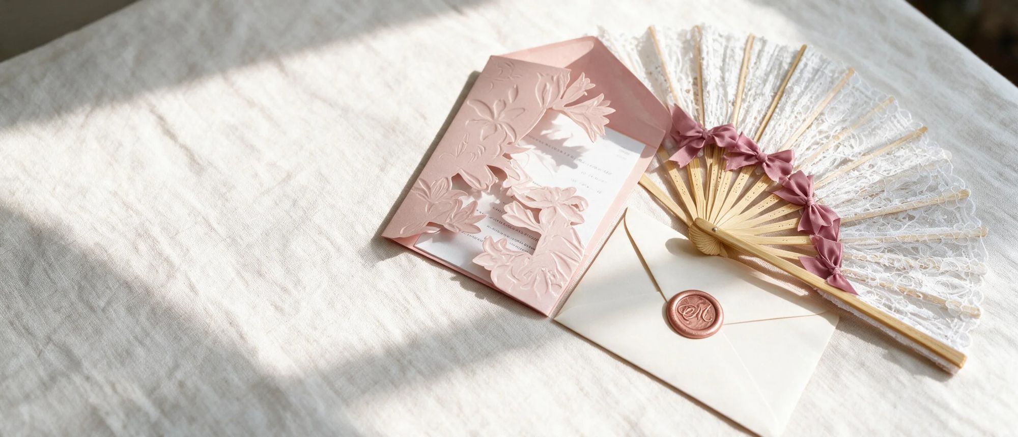 Invitación rosa con corte láser, sobre con sello de lacre y abanico de encaje