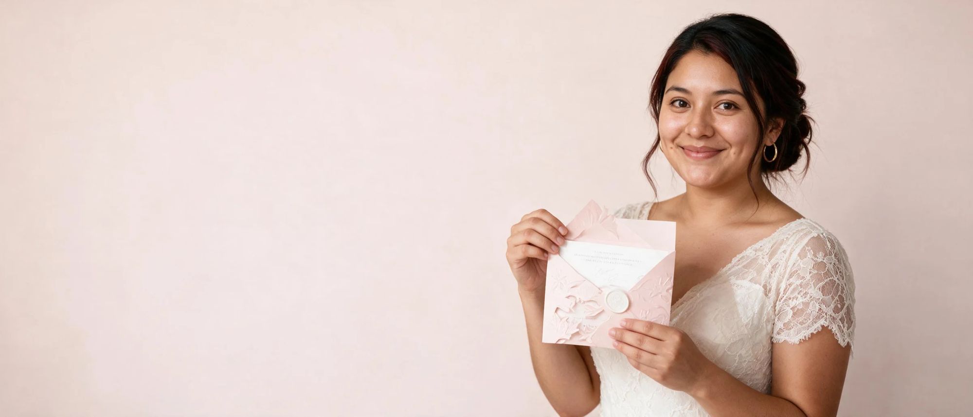Novia sonriente abriendo su invitación de boda rosa con corte láser