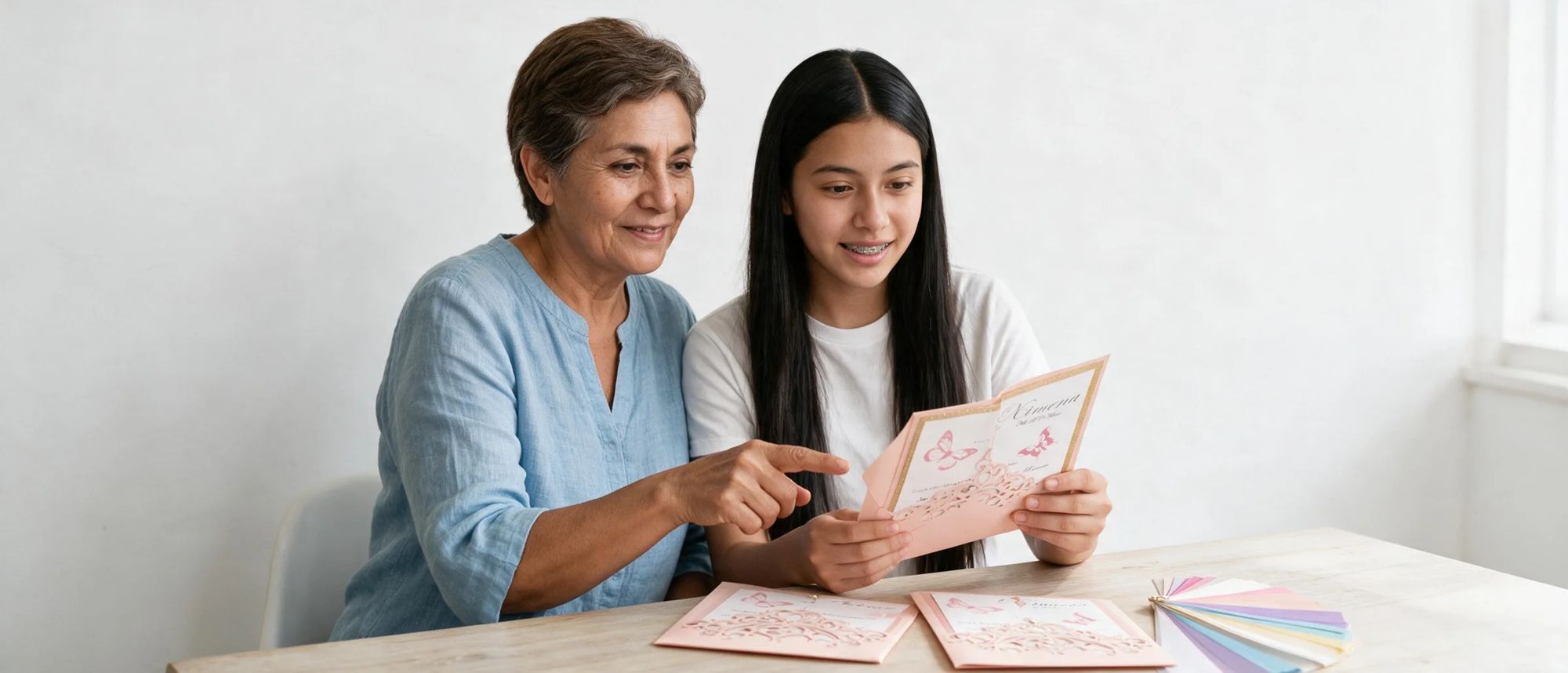 Mamá e hija eligiendo la invitación de XV años en una mesa