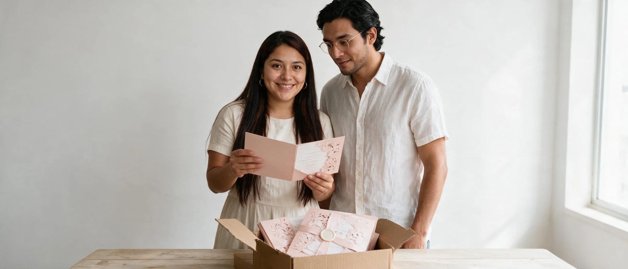Pareja recibiendo su caja de invitaciones